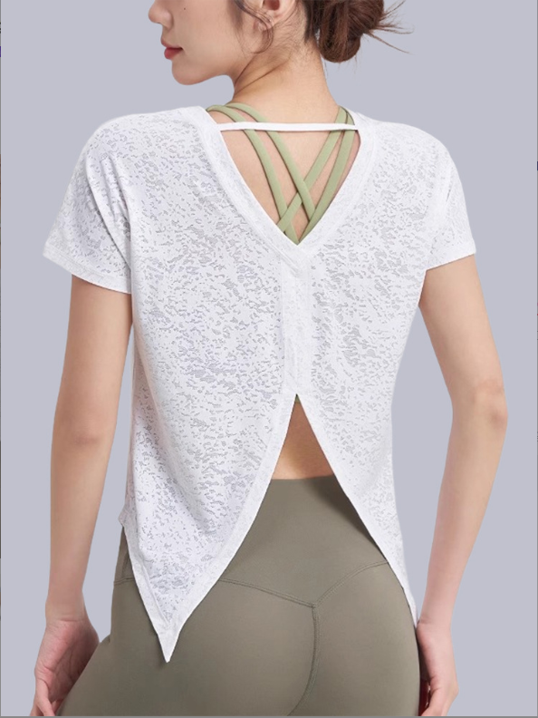 Womens Lace Short Sleeve T-Shirt Casual Round Neck Yoga Top